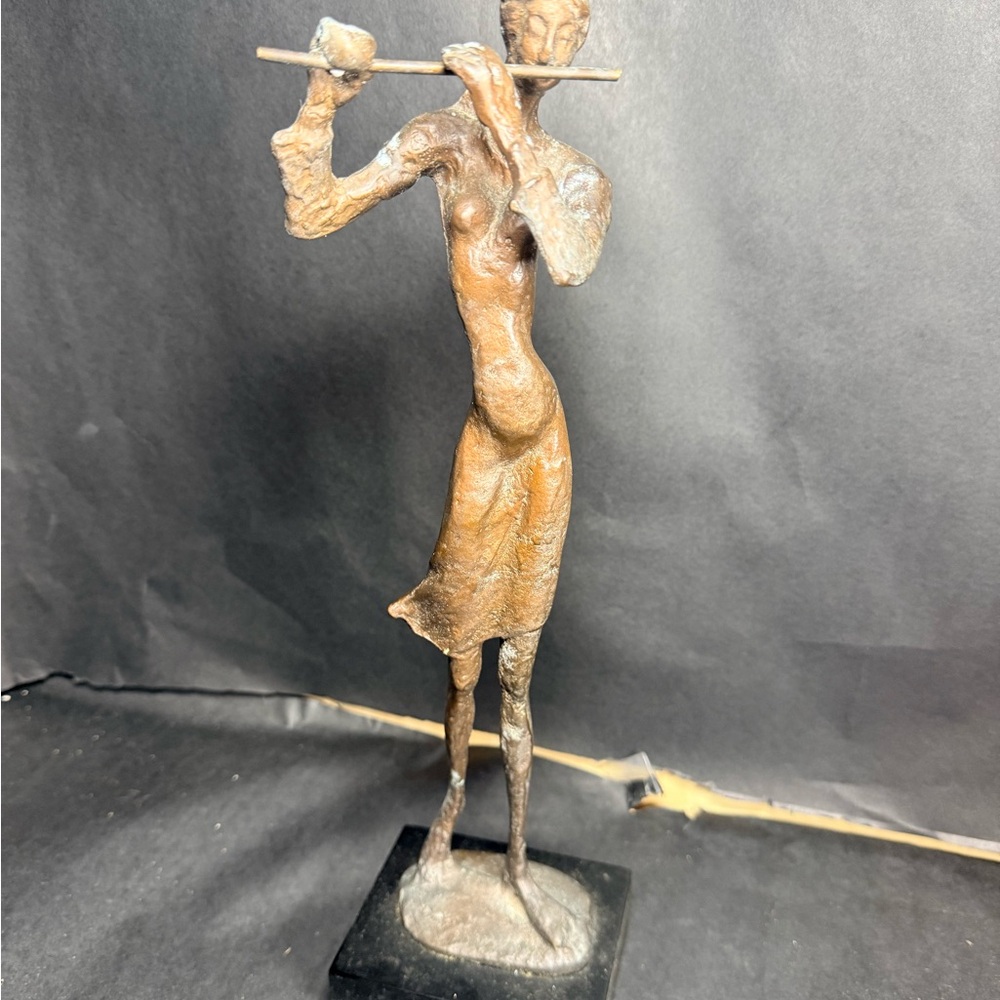 Vintage Bronze Flute Player Sculpture, Brutalist Mid Century Musician Statue
